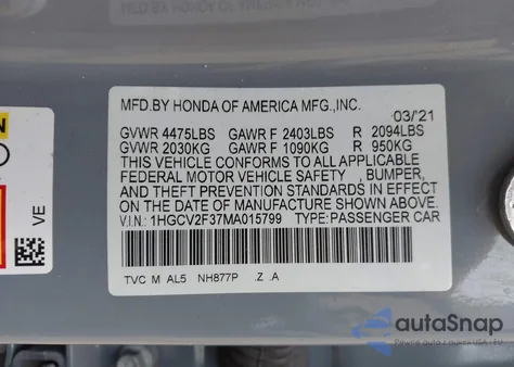 2021 Honda Accord Sport 2.0T from USA, damaged, VIN 1HGCV2F37MA015799